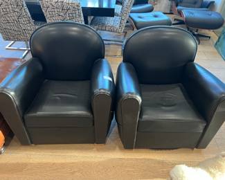 20. Pair of French art, deco, black leather chairs