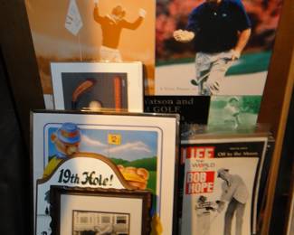 Golf poster and golf memoribilia.