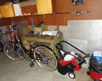 From left to right.....bike, snow blower, shop vac