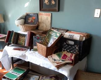 Vintage magazines and sheet music, upstairs, second doorway to the right.