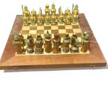 Vintage Hanpainted Carved wood chess figures and game board
