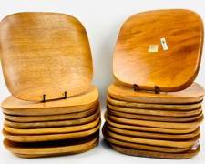 Vintage60s Pantalcraft Haiti Handmade Wood Taverneau Square Plate Set Of 20 MCM
