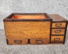 Antique Wood and Copper Lined Hibachi 5 drawers
