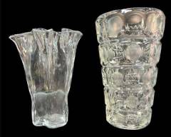 Two Vintage Art Glass Vases Left Muurla Finland Handkerchief Ruffle vase and Czech Vase
