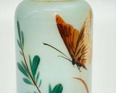 Antique Art Glass Opal Glass hand painted light blue butterfly shaker with silver overlay top
