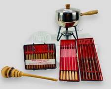 Vintage Stainless Steel Japan Fondue Set W/ Fondue Forks, 12pc Spreaders And Heavy Glass Ashtray MCM Mid Century Modern Style
