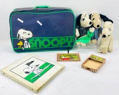 1965 United Feature Syndicate Inc. Snoopy Suitcase And Peanuts Binder, Vntg. Snoopy Plush Toys, Pen Holder And Notepad
