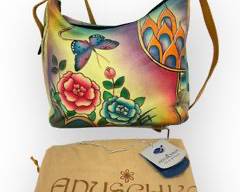 ANUSCHKA Hand Painted Genuine Leather Handbag with Roses and Butterfly Design with Dust Bag
