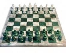 Vintage White and Green Onyx Chess Board and chess Pieces
