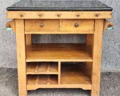 Antique Heavy Pine Butcher Block Granite Top Kitchen Island Buffet
