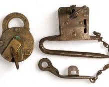 Antique Brass Union Pacific Railroad Co Lock and Key AND Antique Spanish Cast Iron Lock and Key
