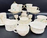 BELLEEK IRELAND FINE EGG SHELL CHINA 3 Leaf Clover Tea cups and saucers ; egg holder; bowls and more dishes
