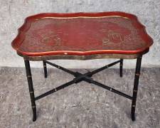 Vintage Chinese Chinoiserie Painted Red Lacquer Table Tray with Faux Bamboo Stand
