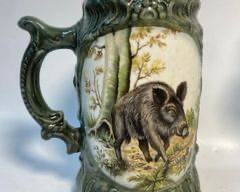 Antique German Anno 1853 Wild Boar and Rabbits Hunting Motif Stein
