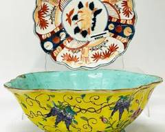 Antique Japanese Imari Porcelain Scalloped Shallow Bowl With Signed Vintage Chinese Porcelain Yellow Ware Famille Rose Bowl
