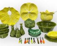 Vintage Veggie Cabbage China Lot! Ceramic Cabbage Themed Servingware, Various Makers, CALFORNIA POTTERY, HHR, MADE IN PORTUGAL. Bowls, Snack Plates, Punch Bowl, Salt and Pepper, Oil and Vinegar, Small Plates, and Mini Butter Knives.
