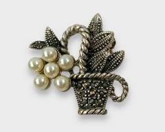 Fine Sterling Silver, Pearl & Marcasite Basket Brooch
