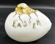 Antique 1900s Victorian Milk Glass Easter Egg Hand Blown Hatching Chick
