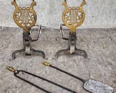 Antique Mid 19th Century Lyre Form Brass & Iron Andirons with Early Tools with Beehive Top
