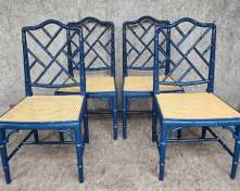 Four Fantastic Vintage Faux Bamboo Cane seat Dining Chairs Hollywood Regency style cane in good shape

