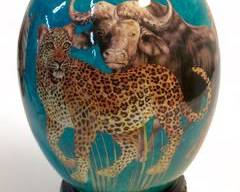 Wonderful African Hand Painted Ostrich Egg on Carved Wood Base
