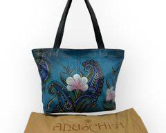 ANUSCHKA HandPainted Genuine Leather Handbag, Blue/Black Paisley Floral Design.
