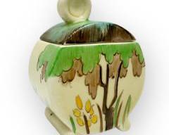Rare CLARICE CLIFF Art Deco Mid Century Modern MCM Wilkinson England. Hand Painted Tree Motif Tiny Sugar Bowl.
