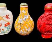 Vintage Snuff Bottles. Imitation Cinnabar, Yellow with Bird and Floral Motif, Bird on Branch with Flowers.
