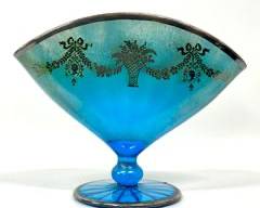 Antique Silver Overlay Blue Art Glass Fan Vase

