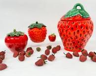 Vintage Strawberry China Lot! Large Strawberry Jar, Unlabeled. HOUSE OF WEBSTER Small Strawberry and Raspberry Jars. Strawberry Toothpick Holder and Life Size Figural Strawberries.

