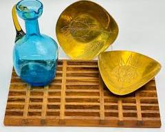 Mid Century Modern MCM Accessory Lot Dansk MCM Wooden tray and Indian Brass ash trays or trinket ring tray with blue polished pontil glass pitcher
