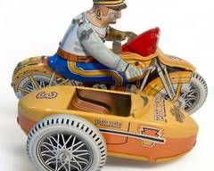 Vintage Tin Litho Wind Up Harley Davidson Police Motorcycle with Sidecar
