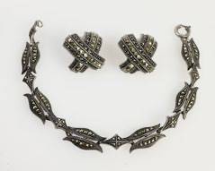 28 Grams Fine Judith Jack Sterling Silver Marcasite 7 Inch Bracelet & X Clip On Earrings
