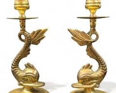 Pair Vintage Baldwin Dolphin Fish Brass Candle Sticks Brass
