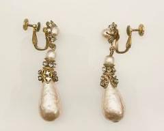 Vintage Signed Miriam Haskell Faux Pearl Rhinestone Art Deco Style Clip On Dangle Statement Earrings
