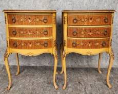 Pair Fancy Antique Hand Painted 3 Drawer Side French Style Tables
