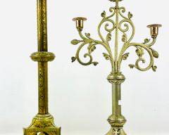 Fancy Antique Brass Large Candle Holder W/ Engraved Details And 3 Lite Candelabra
