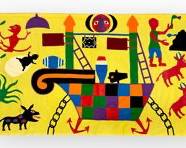 Large Vintage Patchwork Folk Art Wall Hanging. Yellow Backing with Sun, Ship, and Animals
