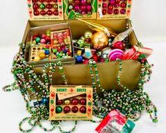 Antique and vintage Shiny Brite, Figural Glass Christmas Tree Ornaments And Balls In Original Boxes Different Sizes And Colors, Vntg. Ornament Hangers And More
