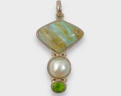 Fine Sterling Silver Hard Stone, Mabe Pearl & Gemstone Drop Dangle Statement Pendant
