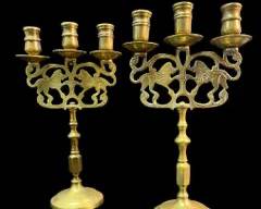 Antique European Brass Candelabras Candlesticks Incised Lions
