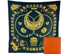 Authentic 1975 Hermes Paris Les Cavaliers D'Or Scythian Jewelry Black 100% Silk Scarf W/ Hermes Box
