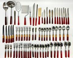 Vintage Bakelite Art Deco Mid Century Modern Flatware H. F. & CO, HANDY ANDY, STA BRITE, NSC, Red and Colorblock Red/Yellow Vintage Bakelite Stainless Steel Cutlery with Several Silver Plated Pieces As Well.
