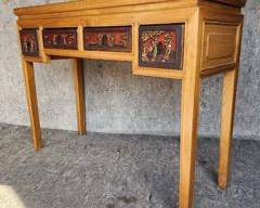 Vintage Asian Hardwood 4 Drawer Console Table with Red and Gilt Painted Decorations

