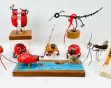 Vintage Whimsical Assorted Hand Crafted Wood And Metal Insect Ladybug And Grasshopper Figurine Collection
