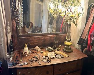 Uranium green chandelier lamp, Antique dresser w tilted mirror