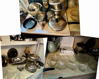 Revereware pots and pans, silver serving dishes