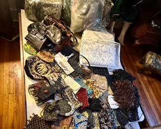 Vintage purses and handbags, quilts, bedding 