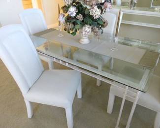 Class Top/Metal Base Dining Table Set with 6 Cream Upholstered Chairs