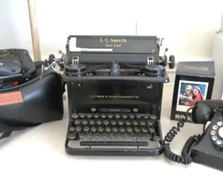 Sony CCDTRO Camera Recorder, LC Smith Super Speed Typewriter, Vintage Black Rotary Telephone